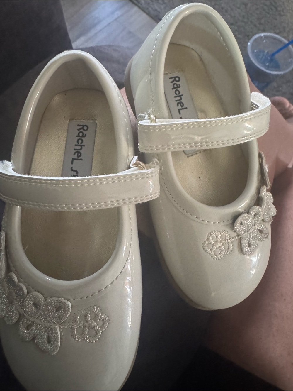 Rachel Shoes Cream Patent Mary Jane with Floral Appliqués